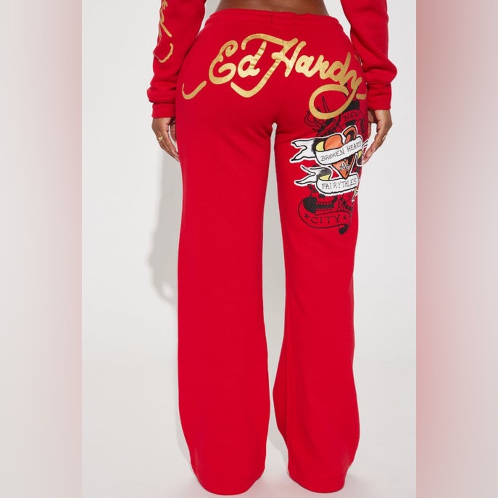 NWOT Ed Hardy Broken Hearts Wide Leg Pants In Red Women’s Medium